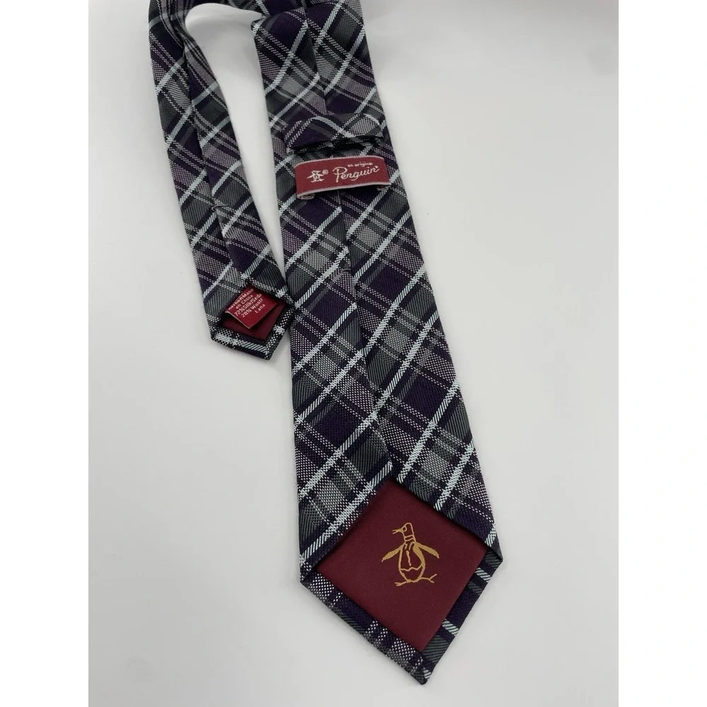 Penguin Black Purple Plaid Tie Silk Wool Blend Narrow Skinny Necktie Vtg 2.75